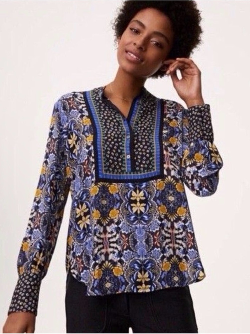LOFT Blue and Yellow Floral Bib Tunic